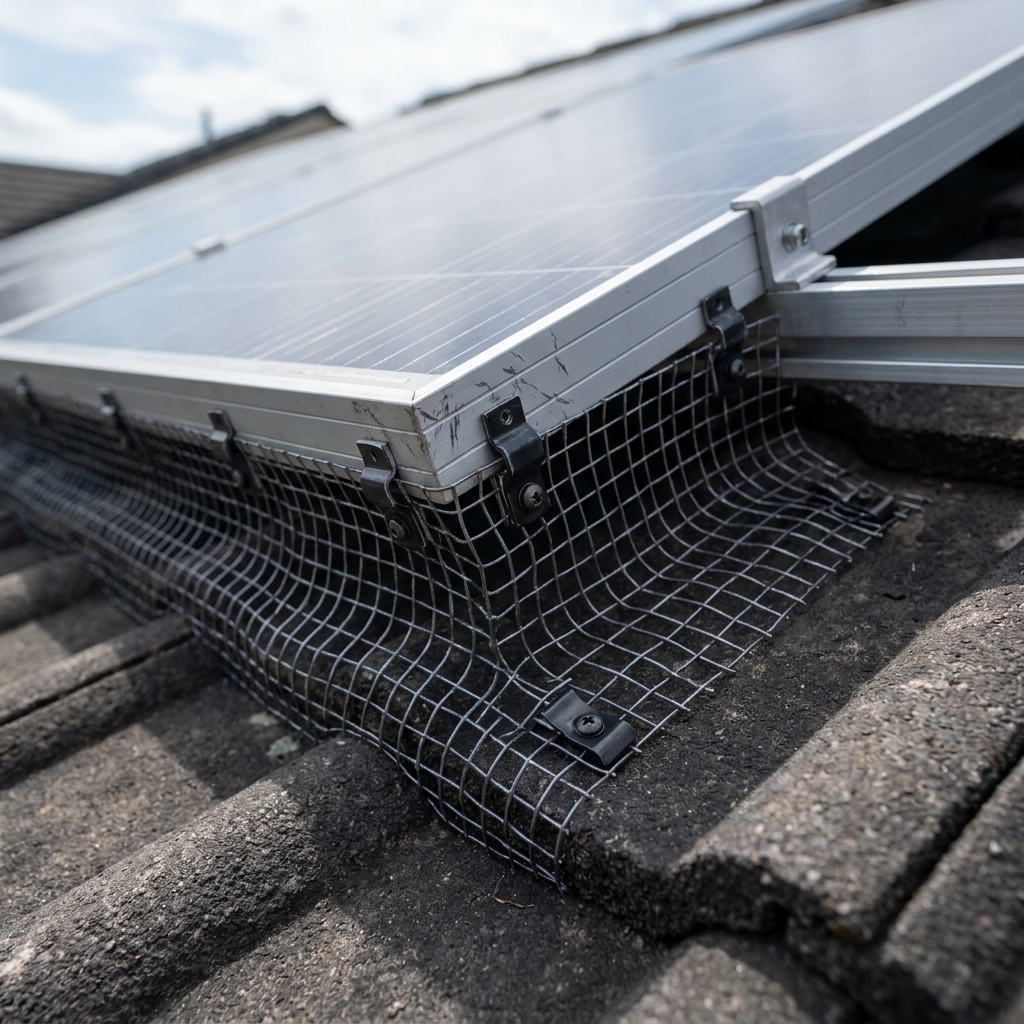 Close-up of premium wire mesh installed around the perimeter of rooftop solar panels using non-invasive clips