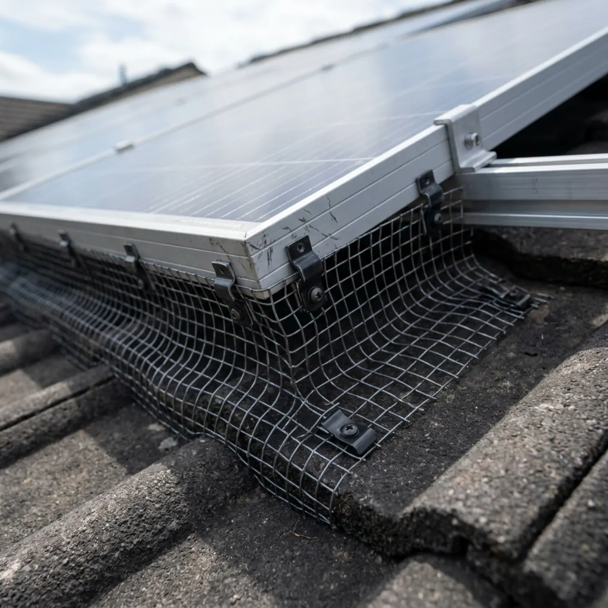 Wire mesh installed around solar panels to prevent nesting birds