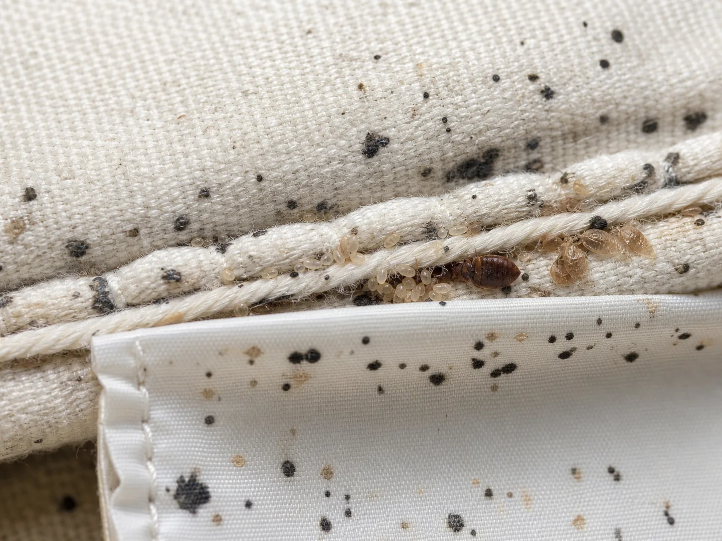 Close-up of bed bug eggs, shed skins and dark spotting on a mattress seam