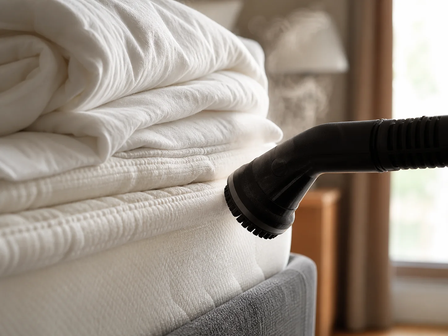 Close-up of a steam treatment nozzle aimed at mattress seams without a person visible