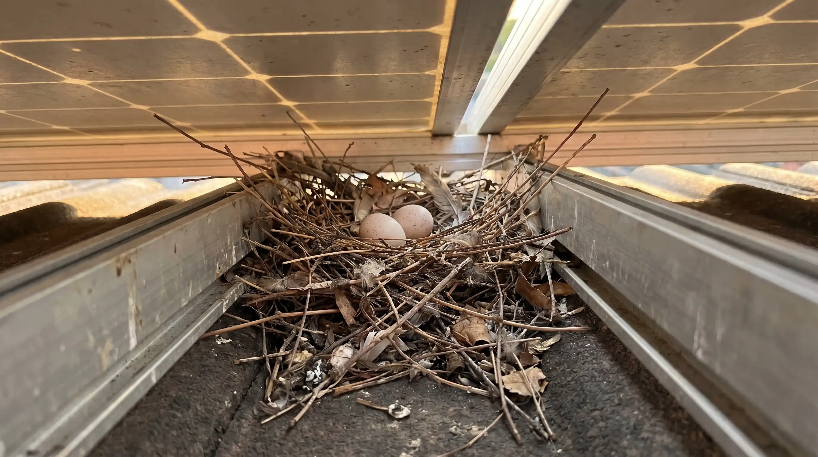 Bird nest built underneath solar panels with nesting material and eggs visible