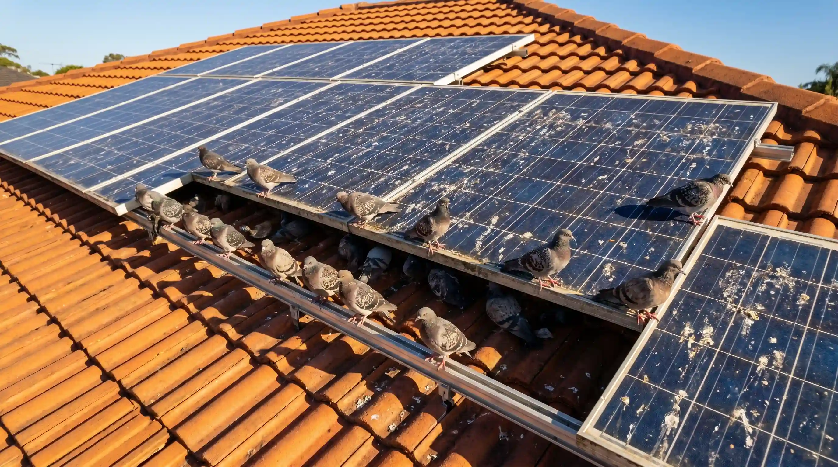 Bird proofing for solar panels with birds on rooftop panels