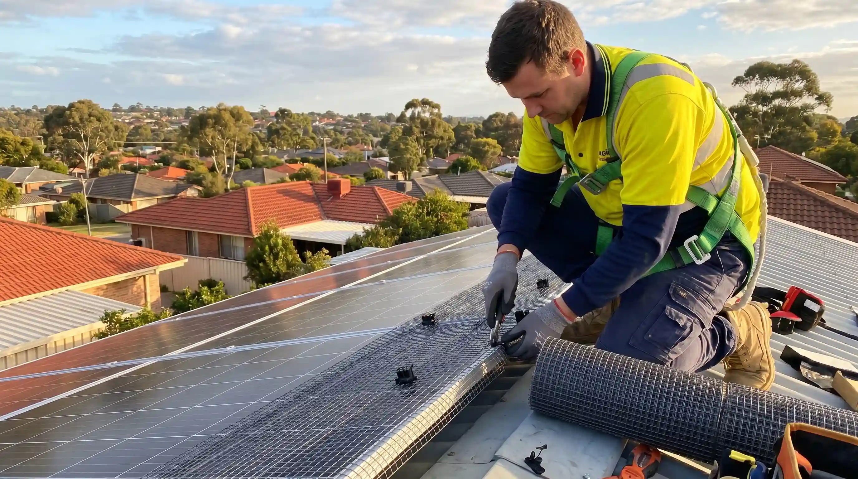 Licensed pest controller installing bird proofing mesh on solar panels on a residential rooftop