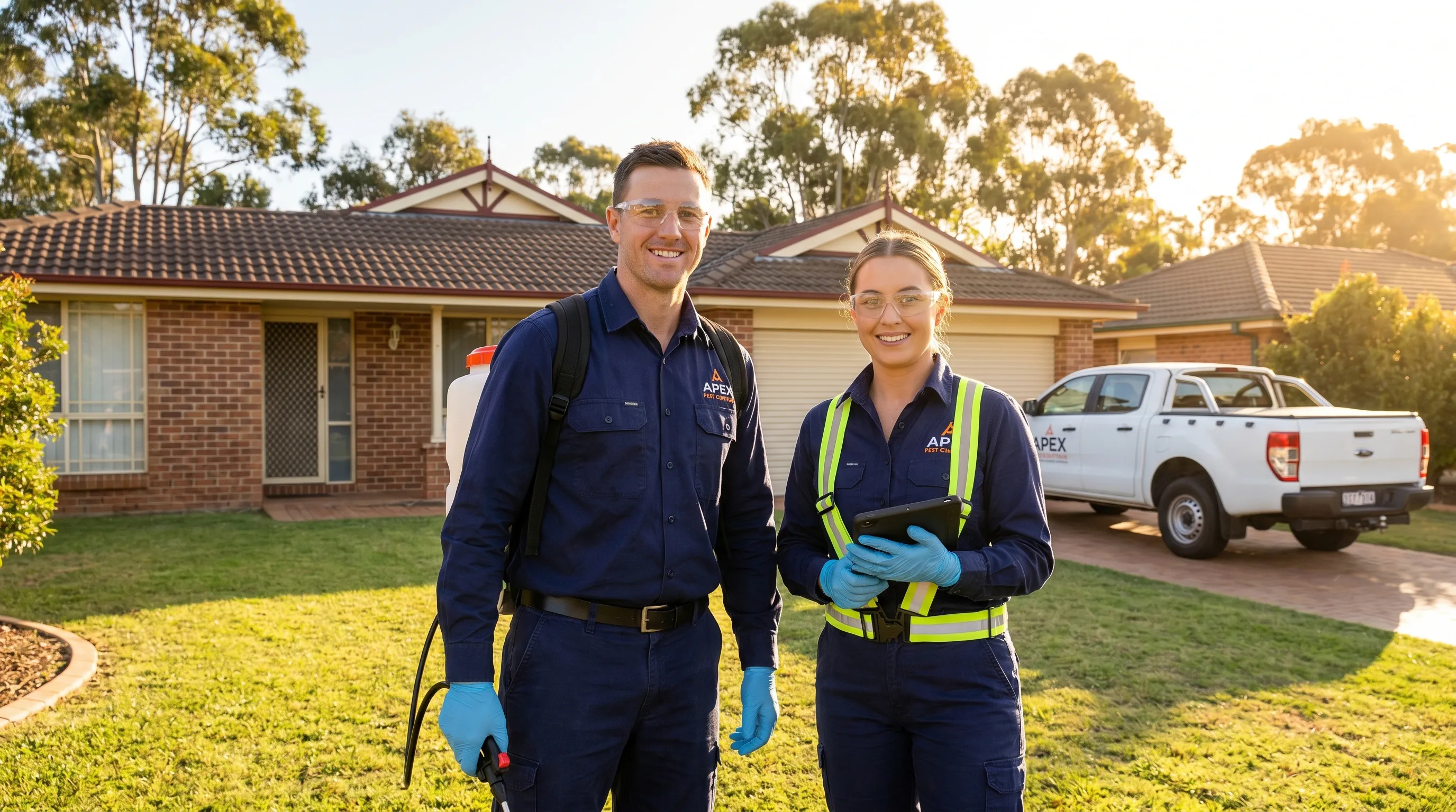 Professional pest control technicians outside Australian home