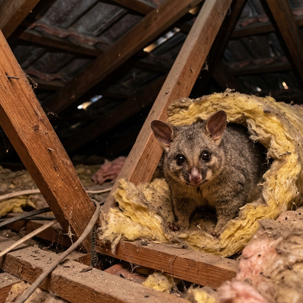 A common brushtail possum nestled inside a residential roof cavity space