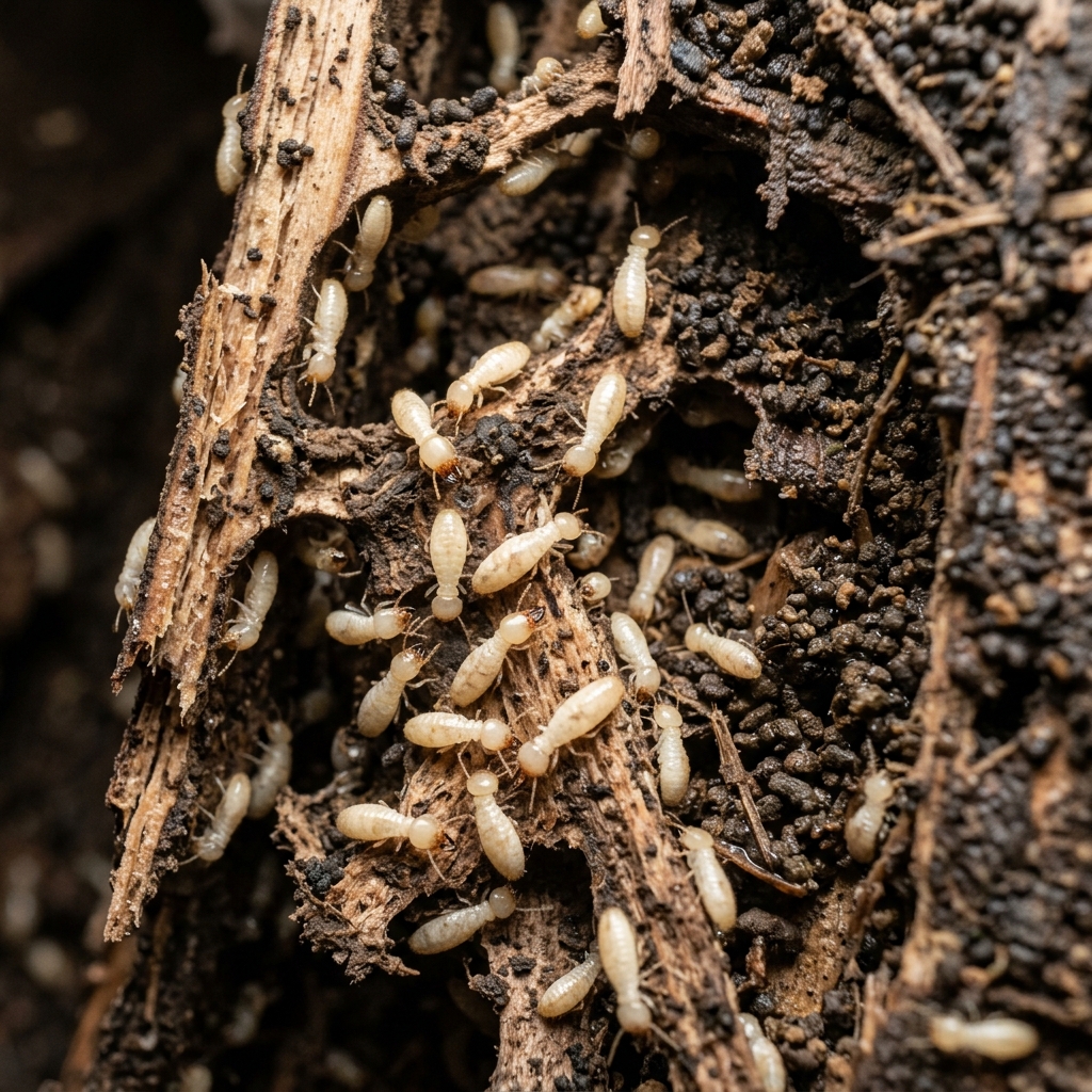 Close-up of subterranean termites swarming inside structural timber