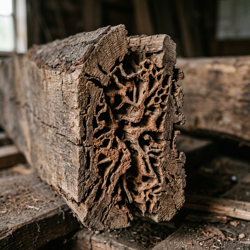 Cross-section of timber revealing internal honeycomb termite galleries
