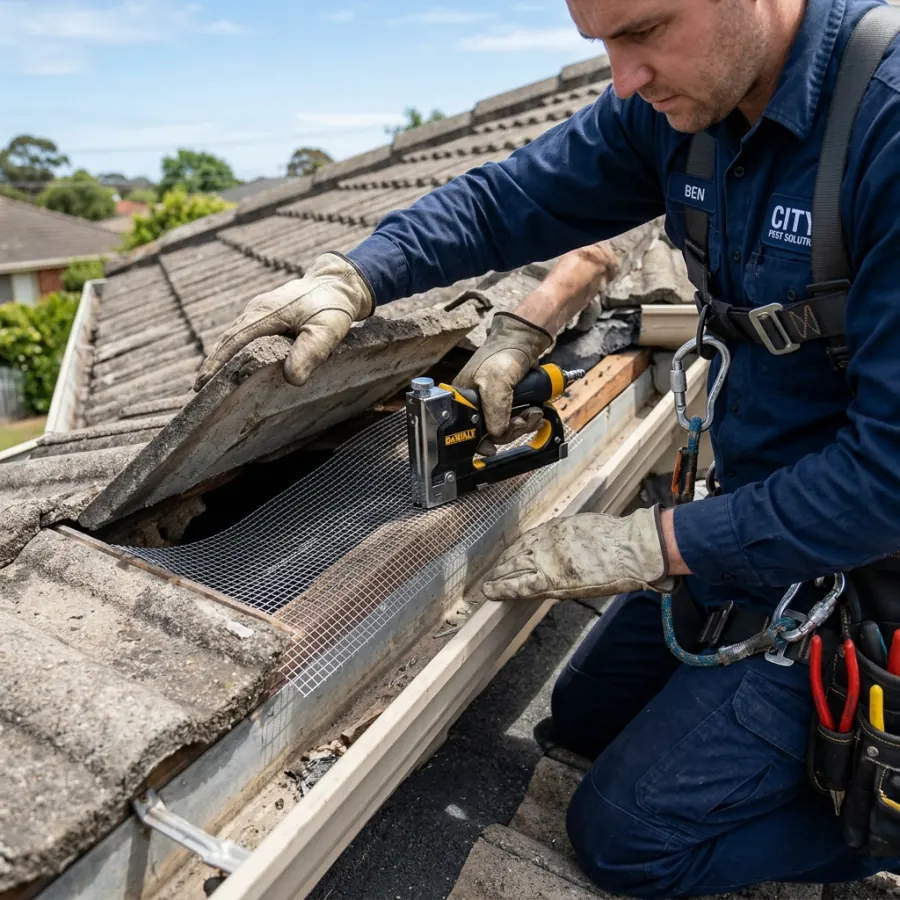 Close-up of a sealed tile roofline showing steel mesh proofing under tiles