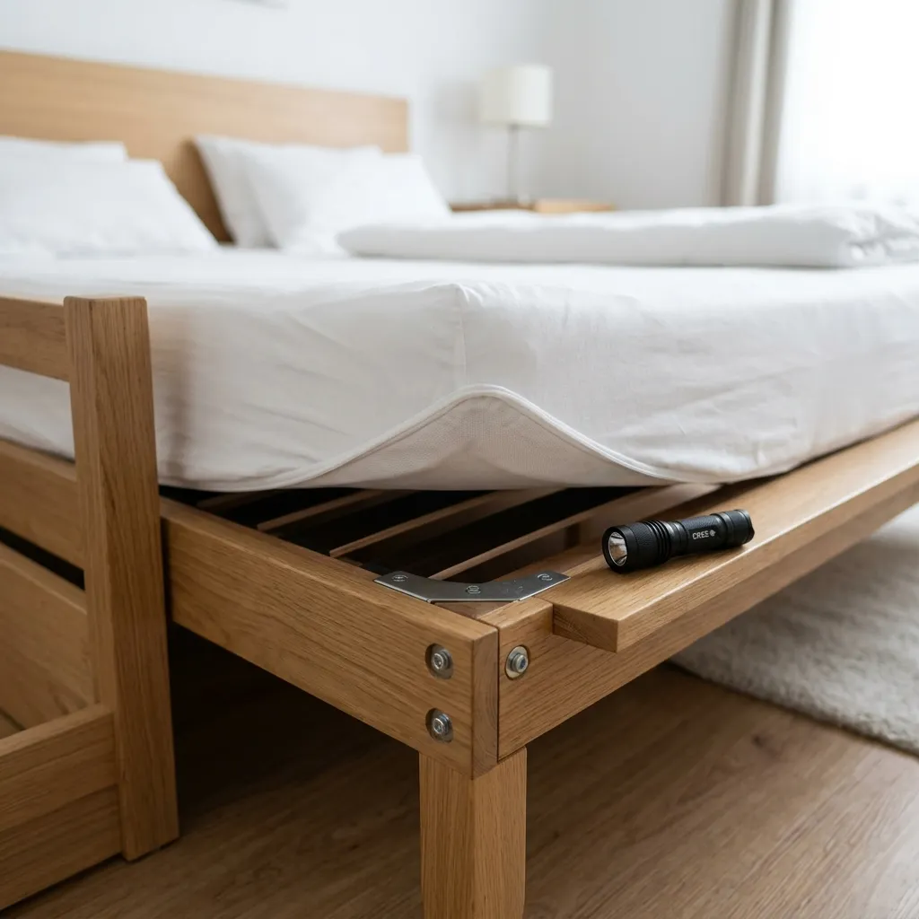 Bed frame joints and mattress base exposed for a bed bug inspection in a Sydney bedroom