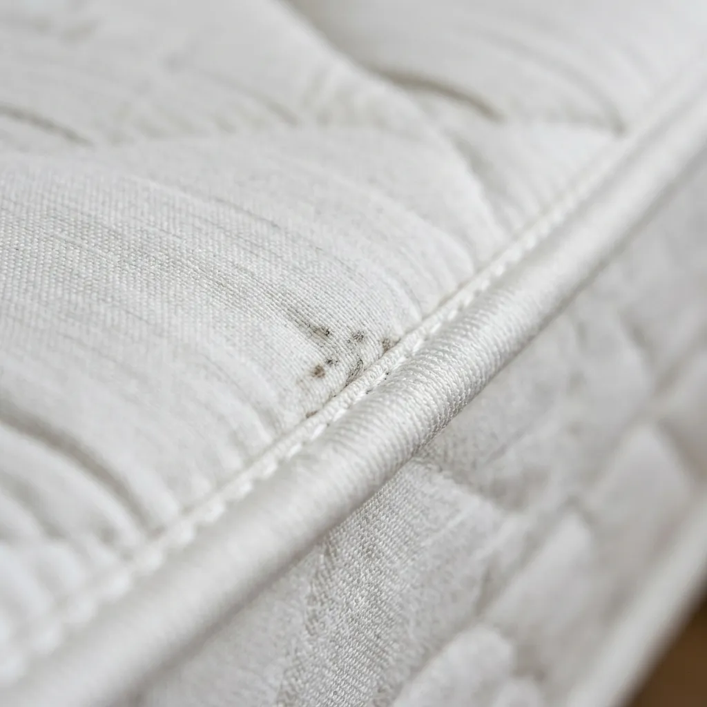 Clustered dark faecal spotting along a mattress seam, the main confirmatory sign of bed bugs