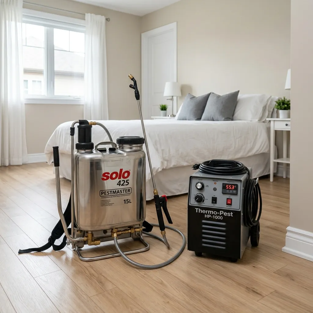 Professional chemical sprayer and portable heater unit set up in an empty bedroom for bed bug treatment