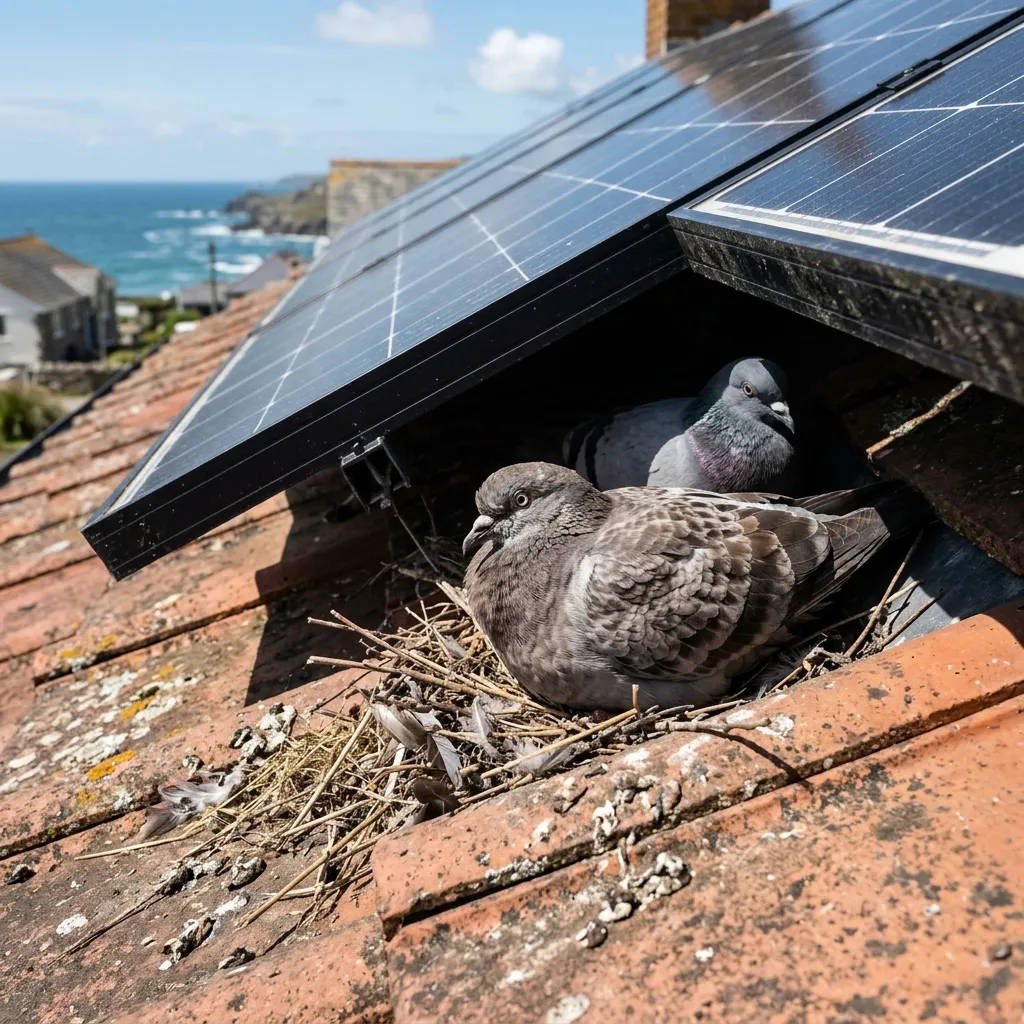 Pigeons nesting under solar panels on a Northern Beaches rooftop