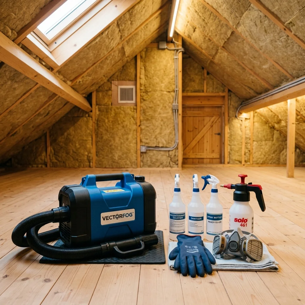Close-up of dead animal removal and decontamination setup inside a roof space