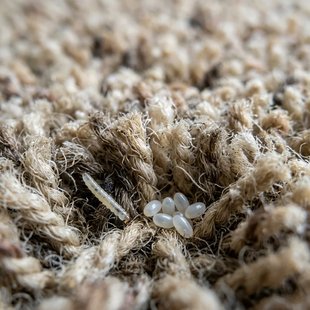 Flea eggs and larvae deep in carpet fibers