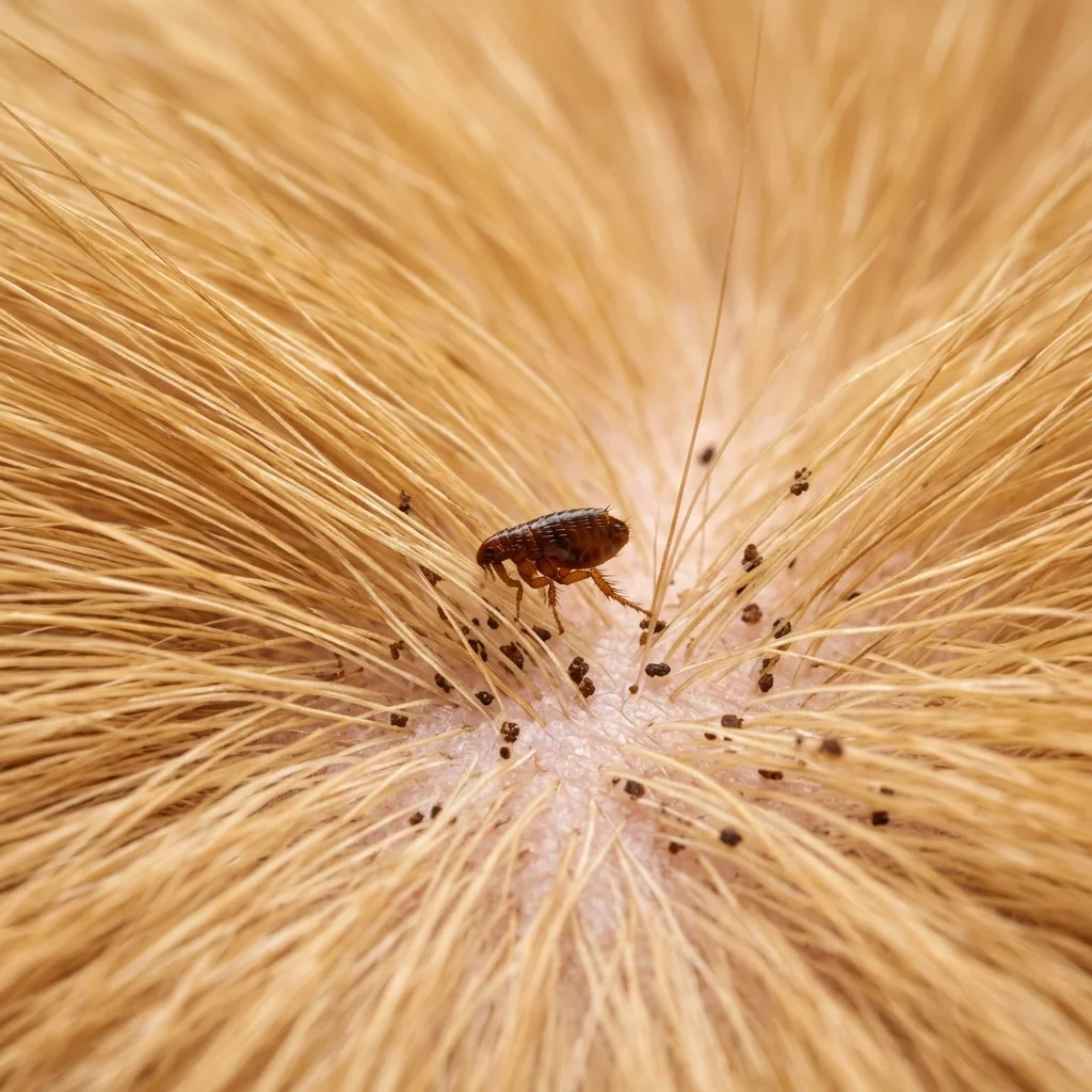 Adult flea and flea dirt on dog skin