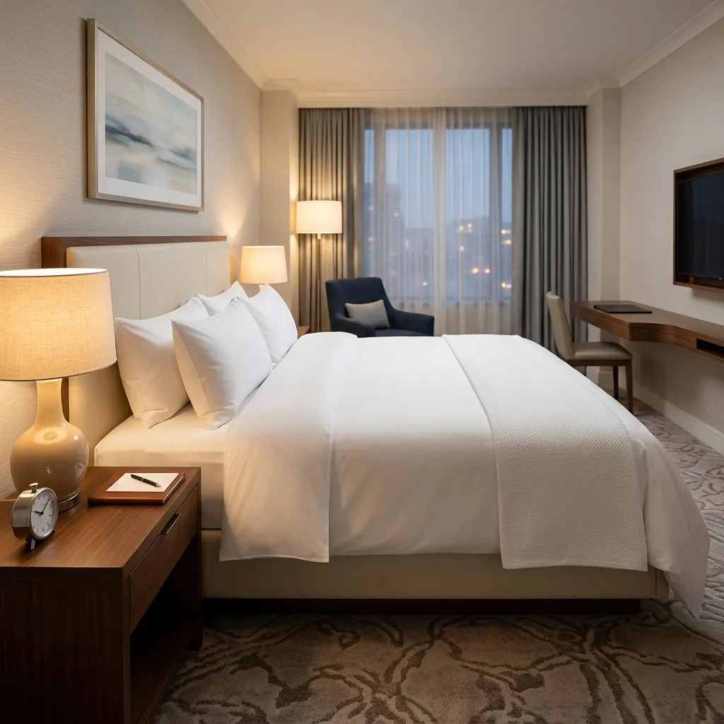 Freshly serviced hotel room with stripped-back bedding ready for a routine bed bug inspection