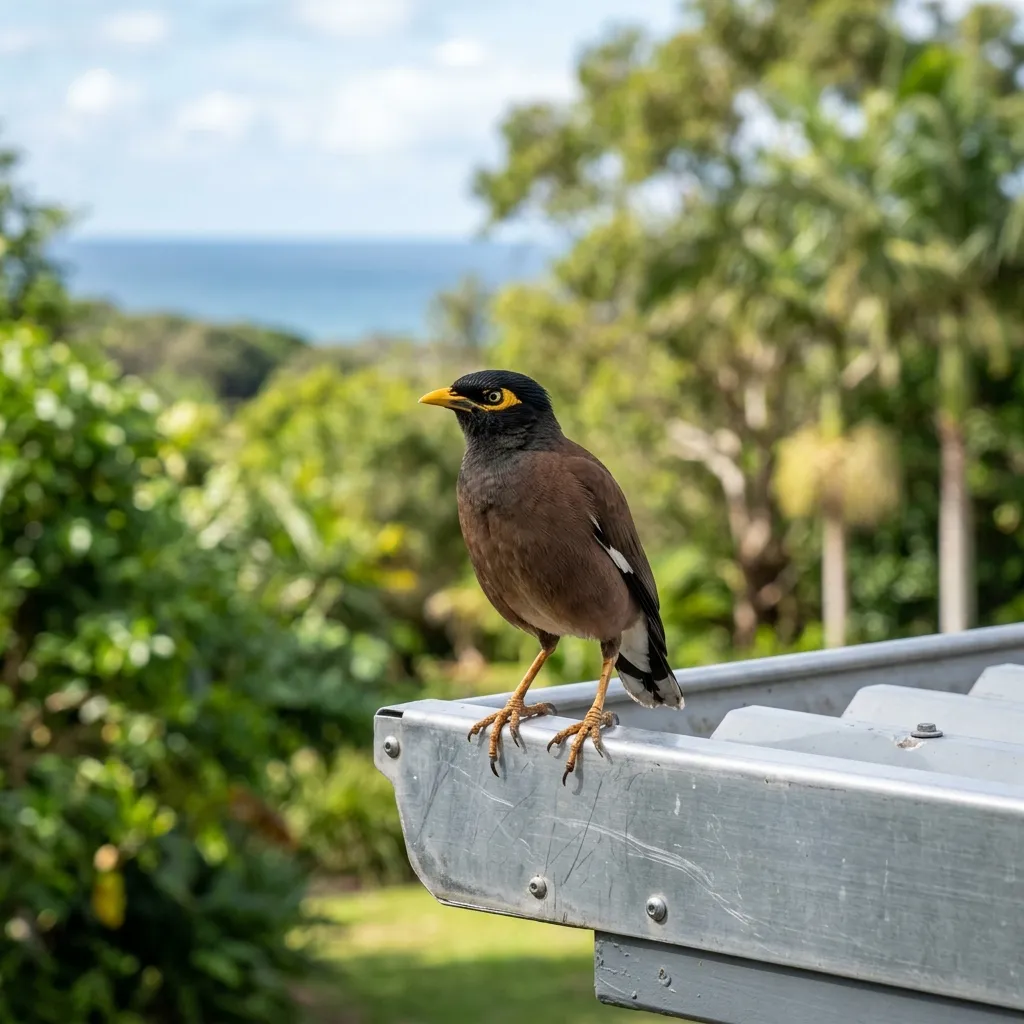 Indian myna perched on a roof edge on the Northern Beaches