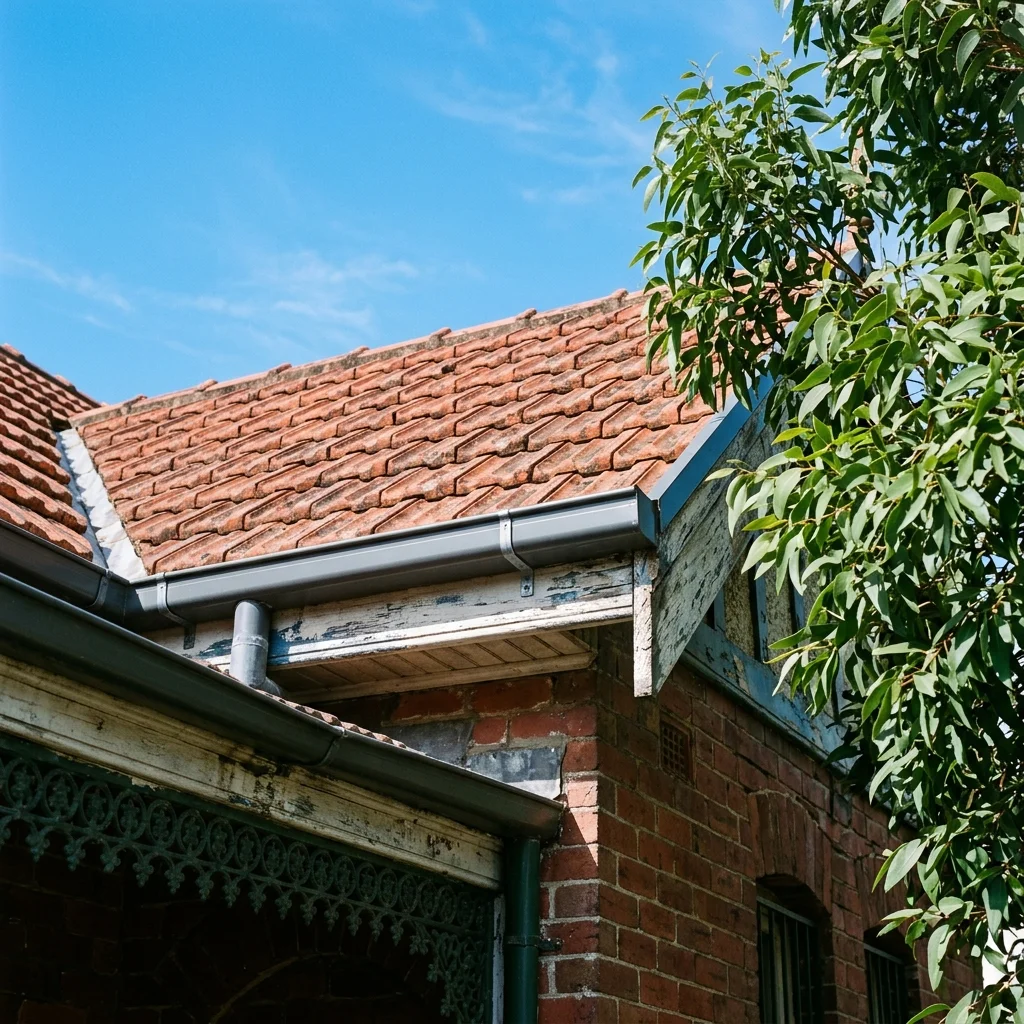 Close-up of a tiled roofline and box gutter next to overhanging tree branches in Newtown