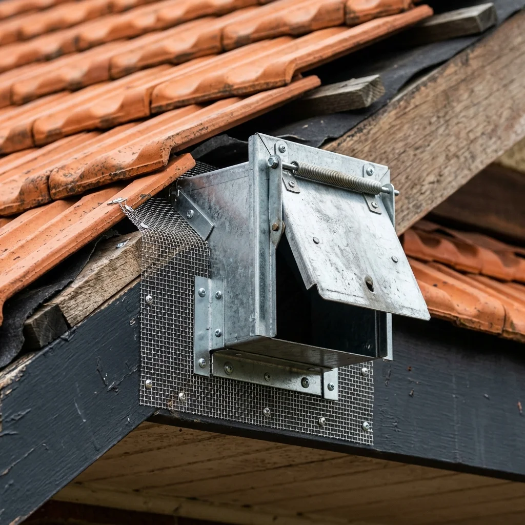 One-way possum door installed on a terracotta tile roof eave gap