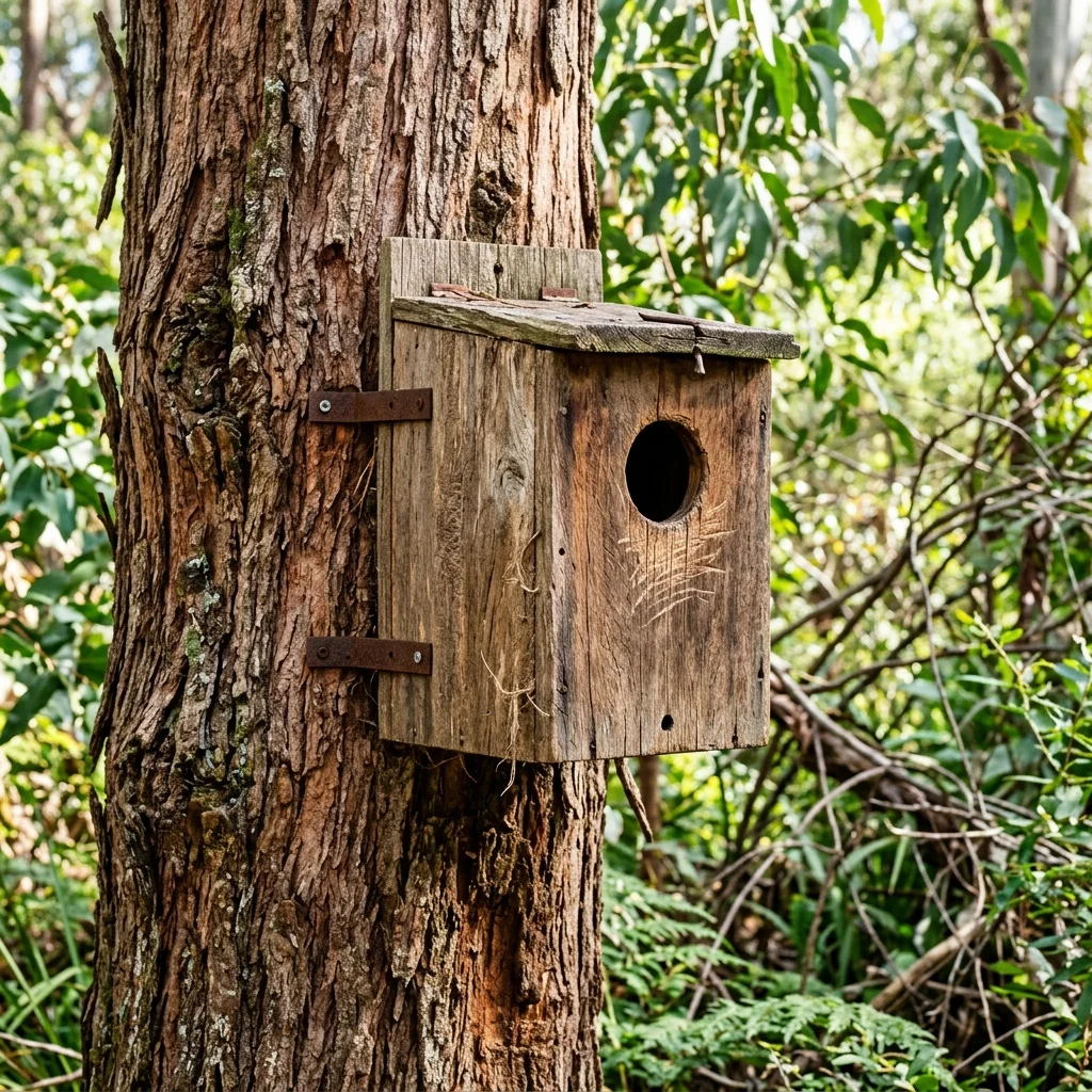 Possum nest box installed on a large backyard gum tree