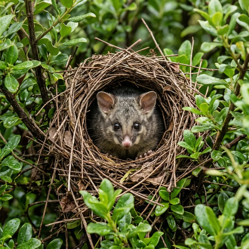 Common ringtail possum looking out from its woven drey nest in green foliage