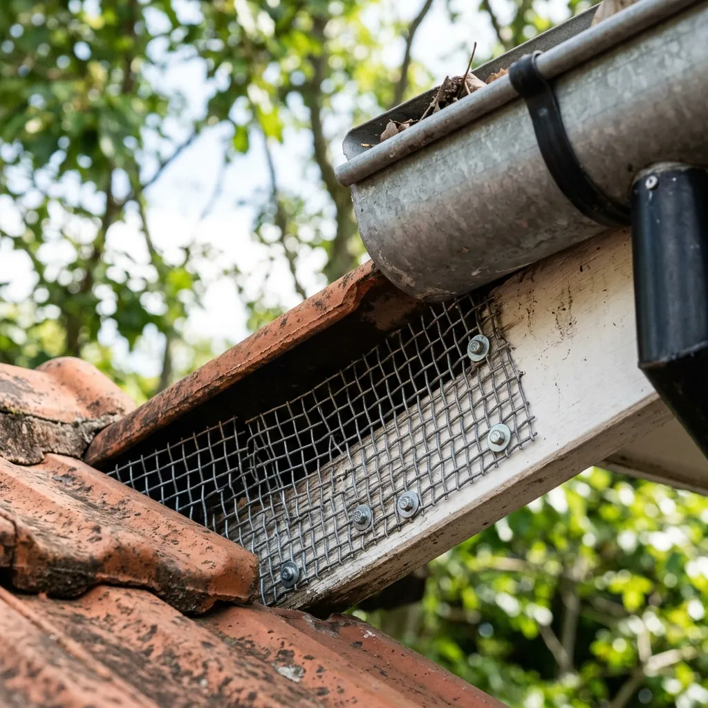 Galvanized steel mesh proofing barrier installed over a gap in a tile roofline under a gutter