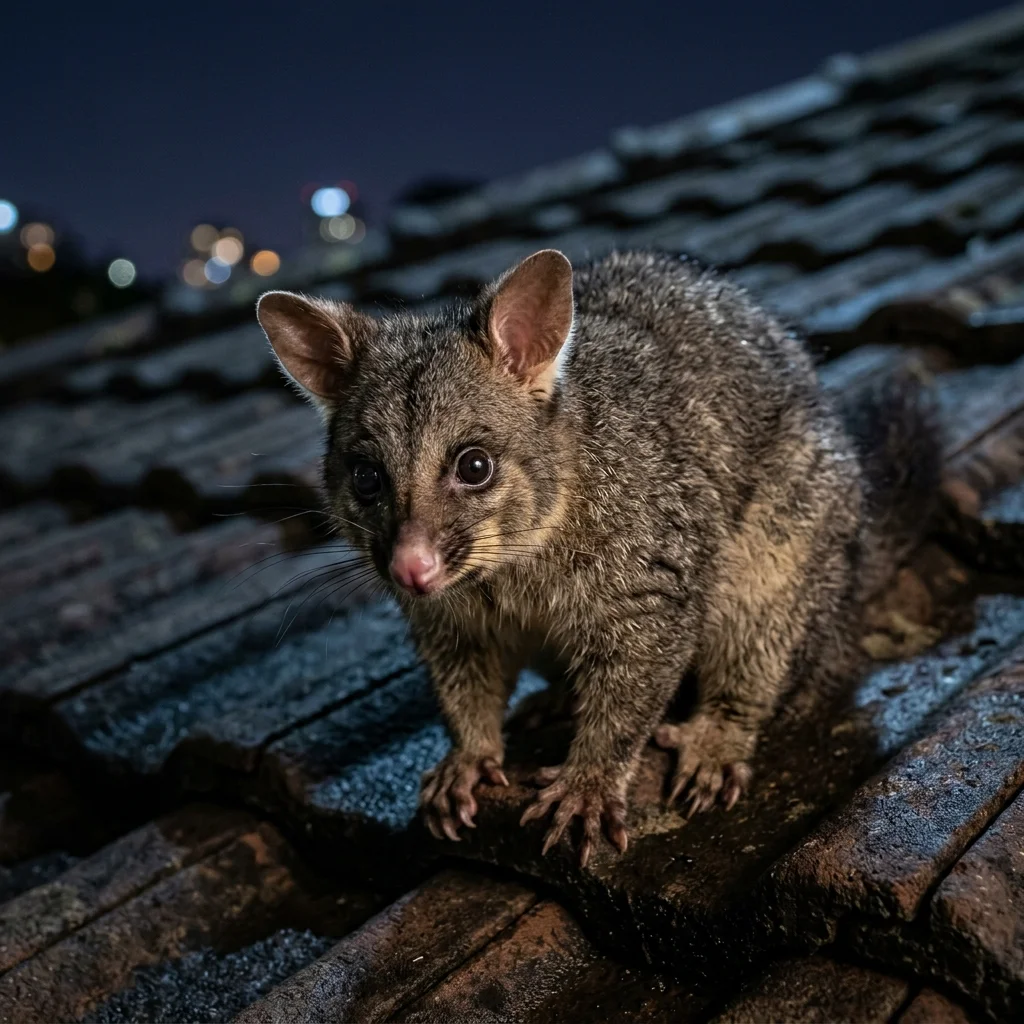 Common Brushtail Possum on tiled roof cavity at night on the Northern Beaches