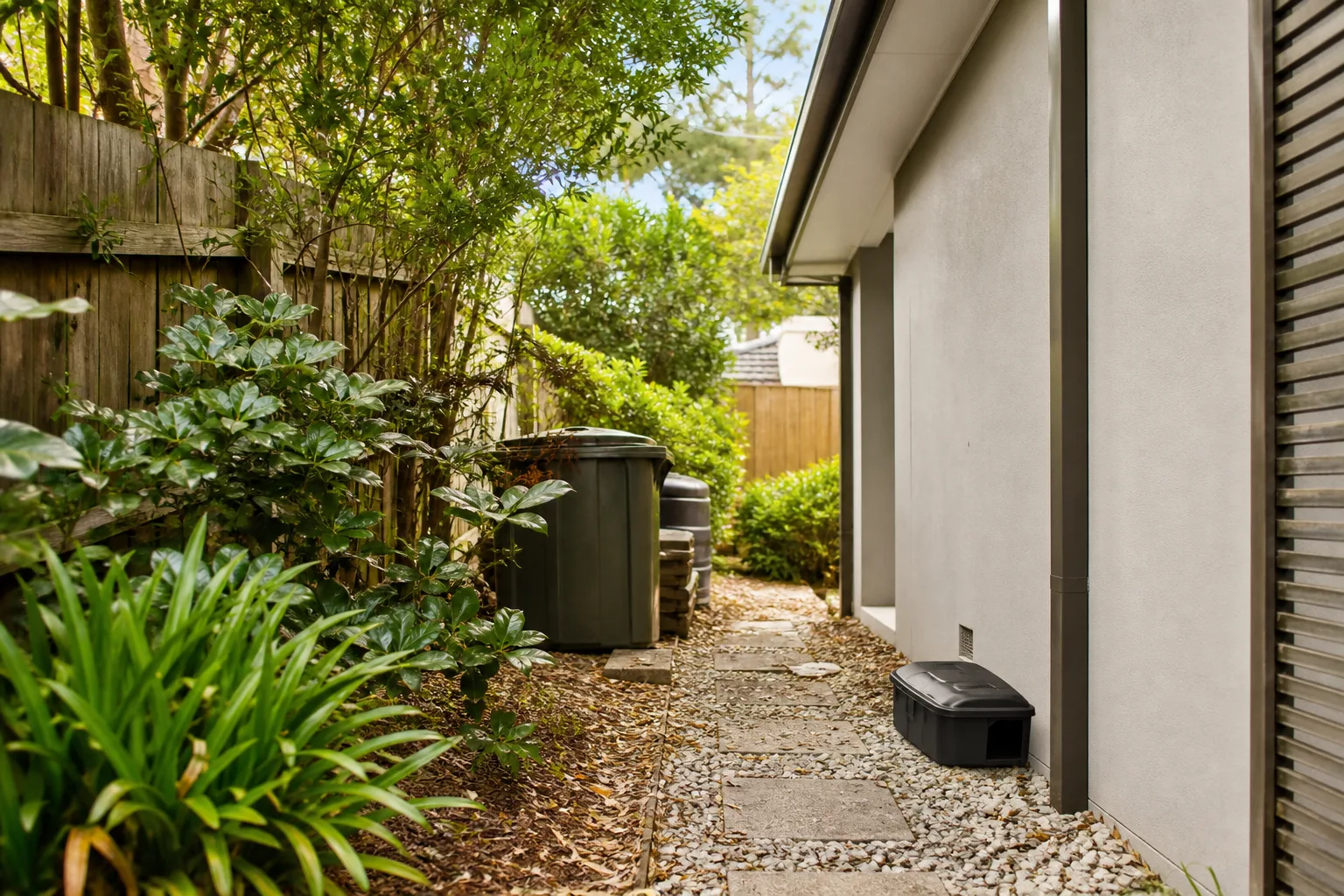 Dense Northern Beaches side garden with bins and a tamper-resistant rodent station near a home wall
