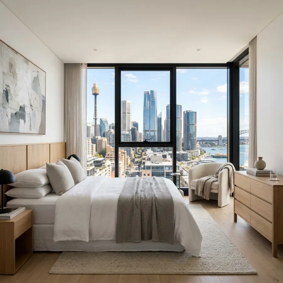 Compact apartment bedroom in a Sydney unit block with shared walls