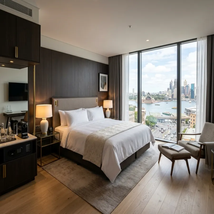 A luxury hotel room interior in Sydney CBD showing a skyline and harbor view through the window