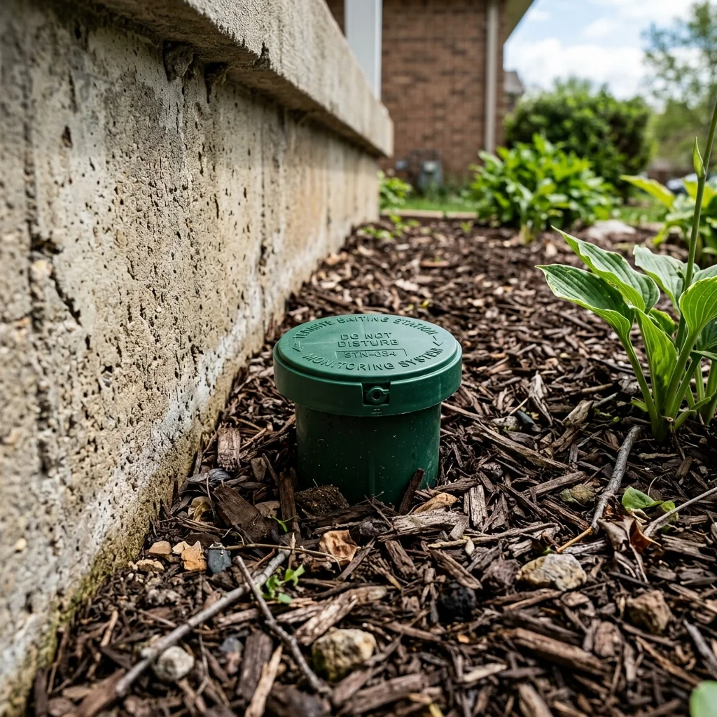 In-ground green termite monitoring and bait station installed in mulch garden next to concrete slab foundation