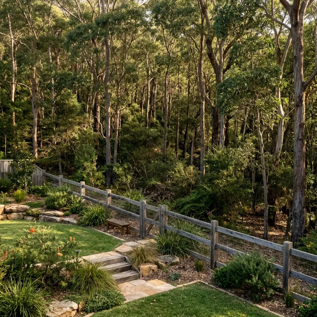 Backyard boundary fence of a Northern Beaches property backing onto dense eucalyptus forest