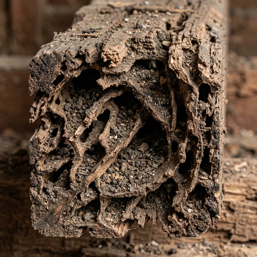 Hollowed-out timber framing from an Australian home showing severe termite damage and soil debris