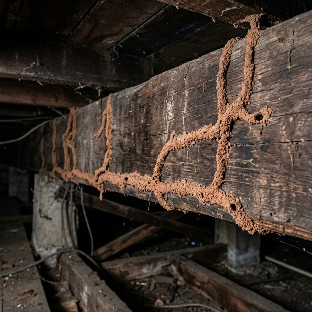 Textured termite mud shelter tubes running along a subfloor timber joist under a house