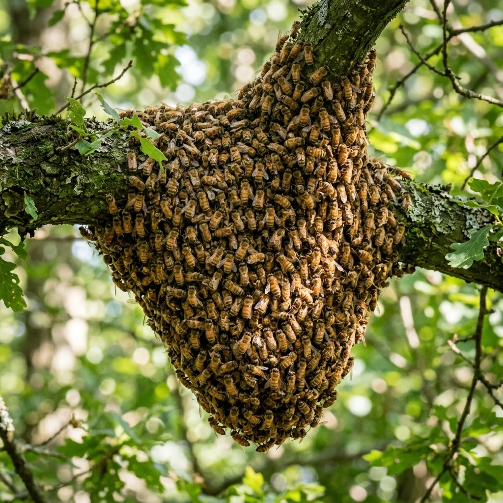Honeybee swarm clustered on a tree branch ready for live relocation on the Northern Beaches
