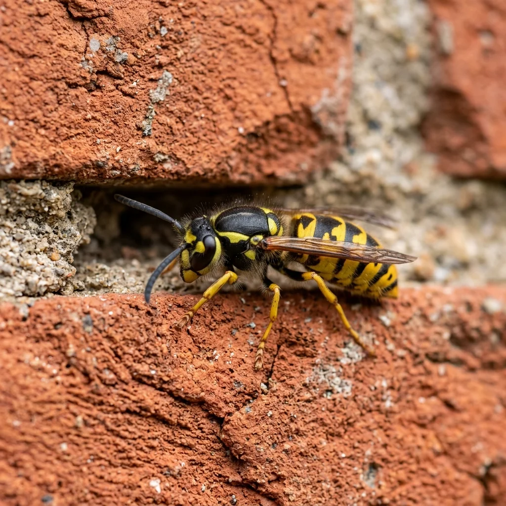 European wasp showing yellow and black markings near a garden retaining wall