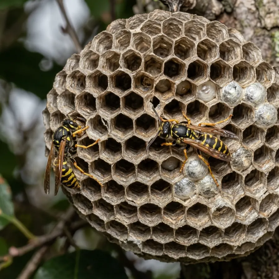 Close-up of European Wasp Nest honeycomb cells and active wasps