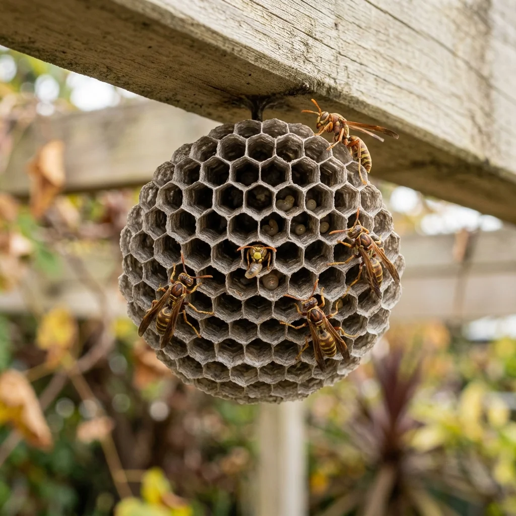 Open paper wasp comb under a timber pergola in a Northern Beaches backyard