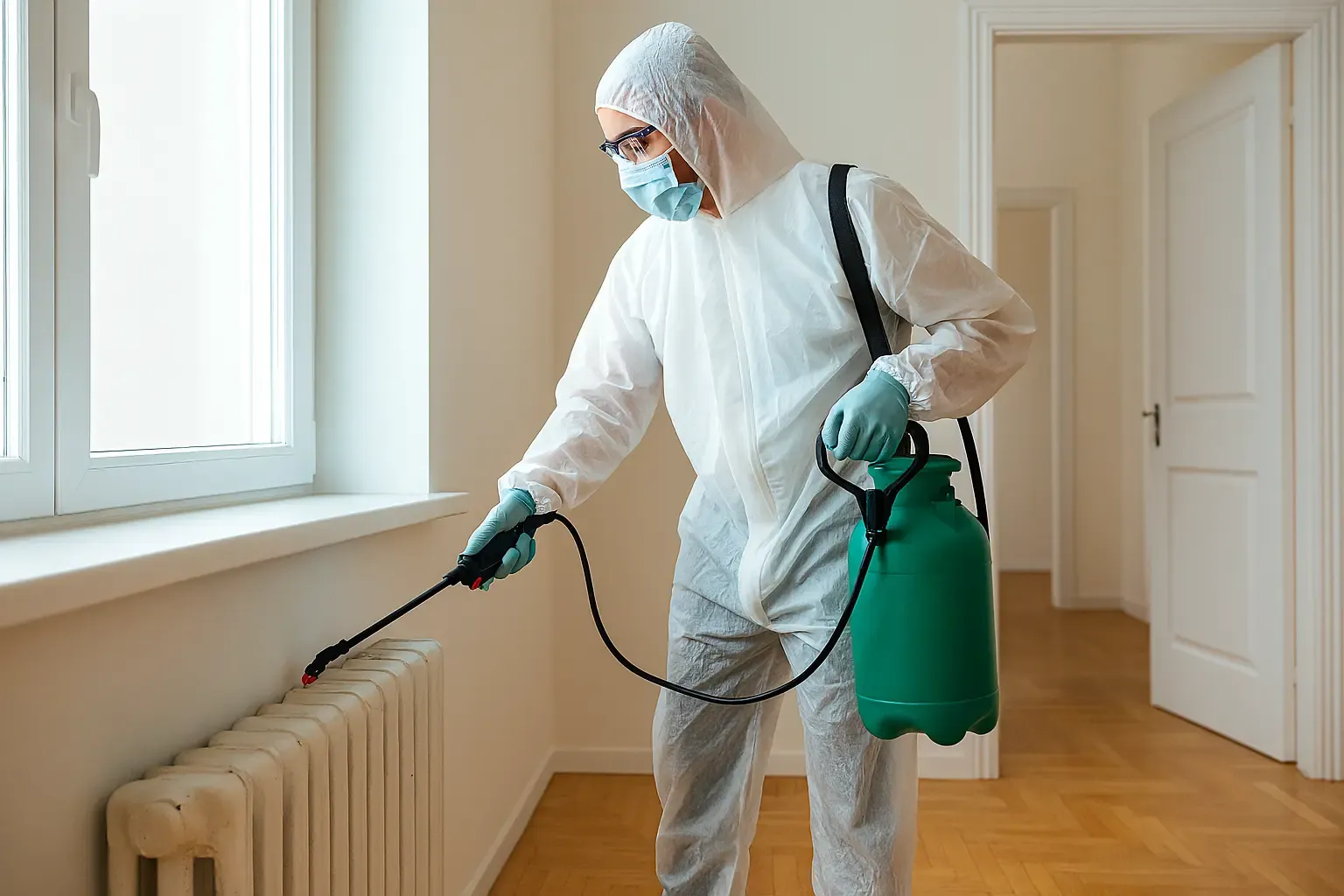 Residential pest control technician treating radiator in Sydney home